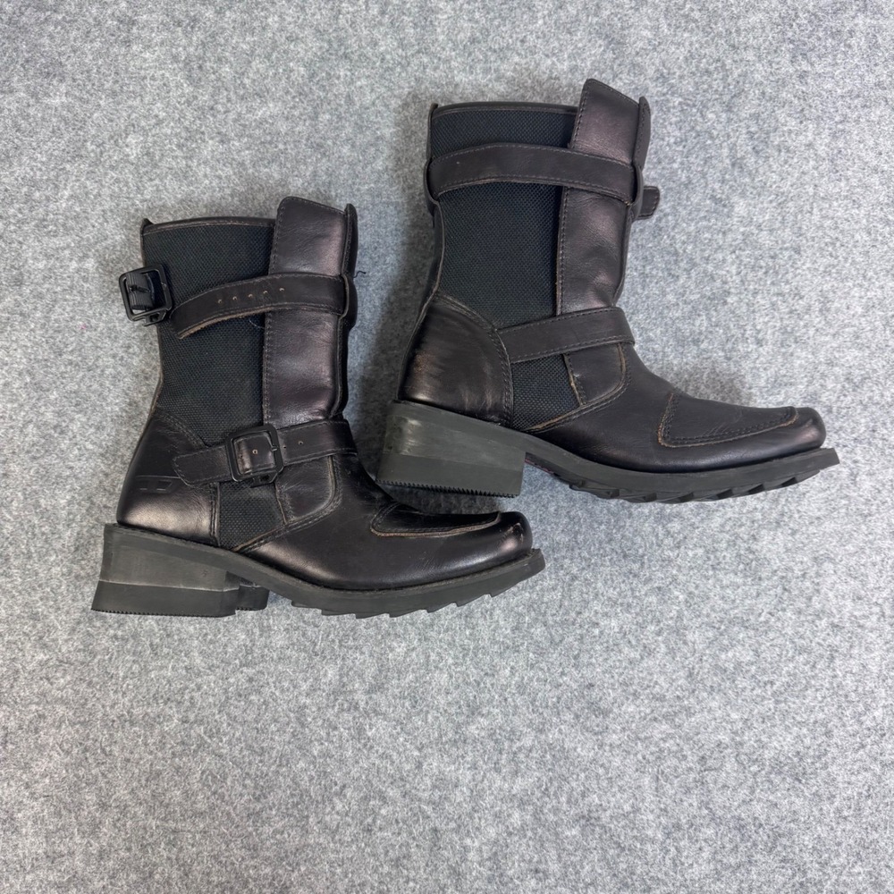Diesel Marlon Black Leather Moto Boots Square Toe Buckle Strap Womens 8